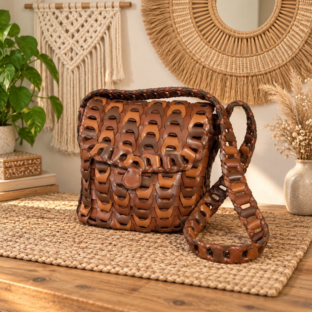 Vintage Y&S Original Crossbody Bag Brown Woven Leather Boho Braided Western